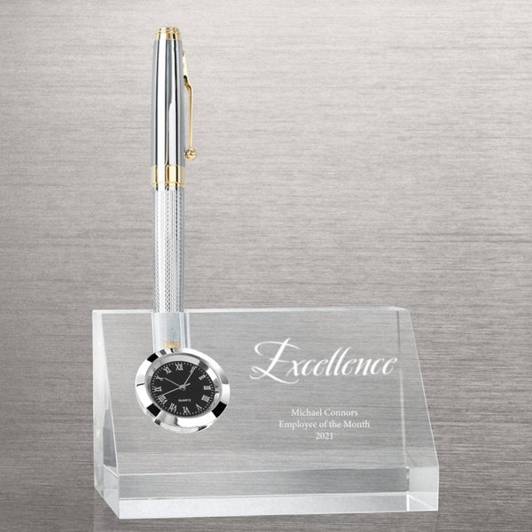 Contemporary Crystal Desktop Clock with Pen Holder