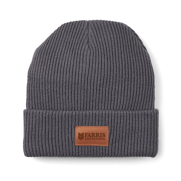 Add Your Logo: Ribbed Knit Beanie with Faux Leather Patch