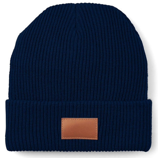 Add Your Logo: Ribbed Knit Beanie with Faux Leather Patch