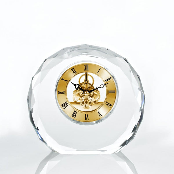 Executive Crystal Skeleton Gold Clock - Beveled Circle