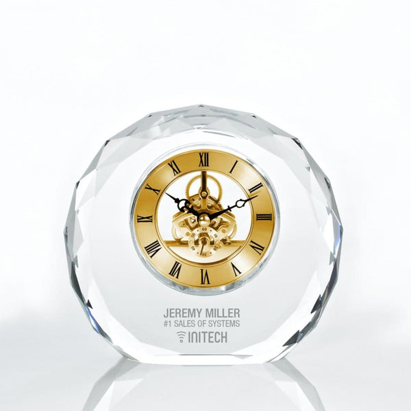 Executive Crystal Skeleton Gold Clock - Beveled Circle